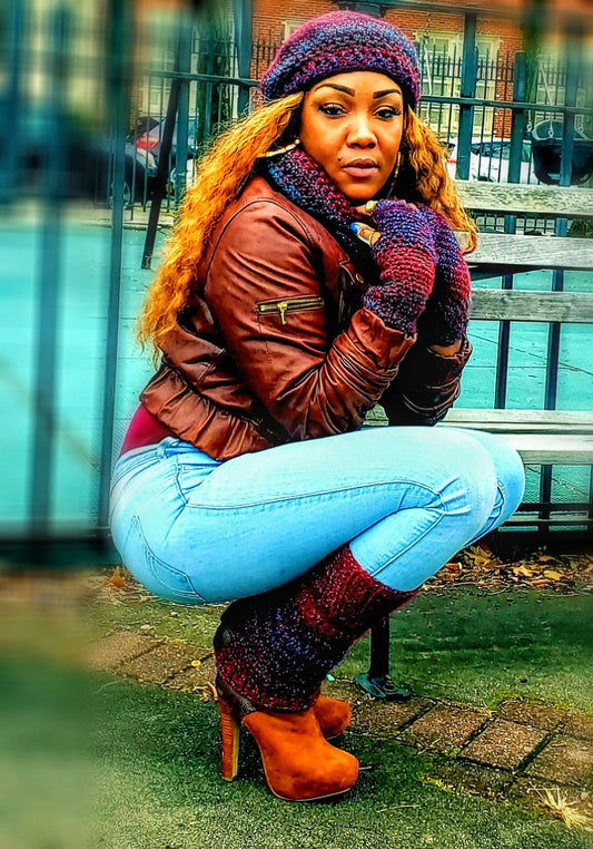 Crocheted Hat, Infinity Scarf, Fingerless Gloves & Leg Warmers