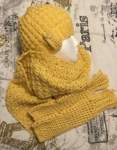 Cornmeal Colored Hat, Scarf & Fingerless Glove Set