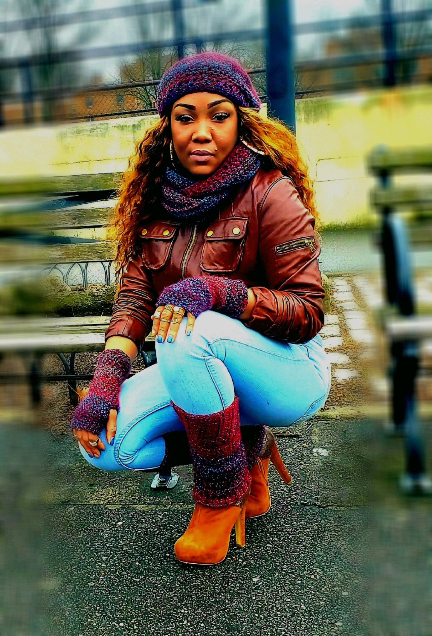 Crocheted Hat, Infinity Scarf, Fingerless Gloves & Leg Warmers