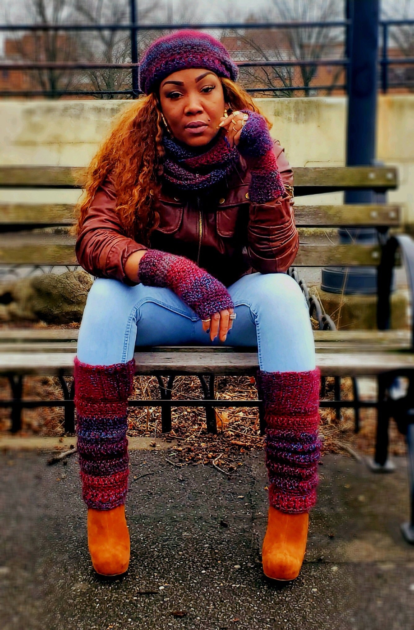 Crocheted Hat, Infinity Scarf, Fingerless Gloves & Leg Warmers